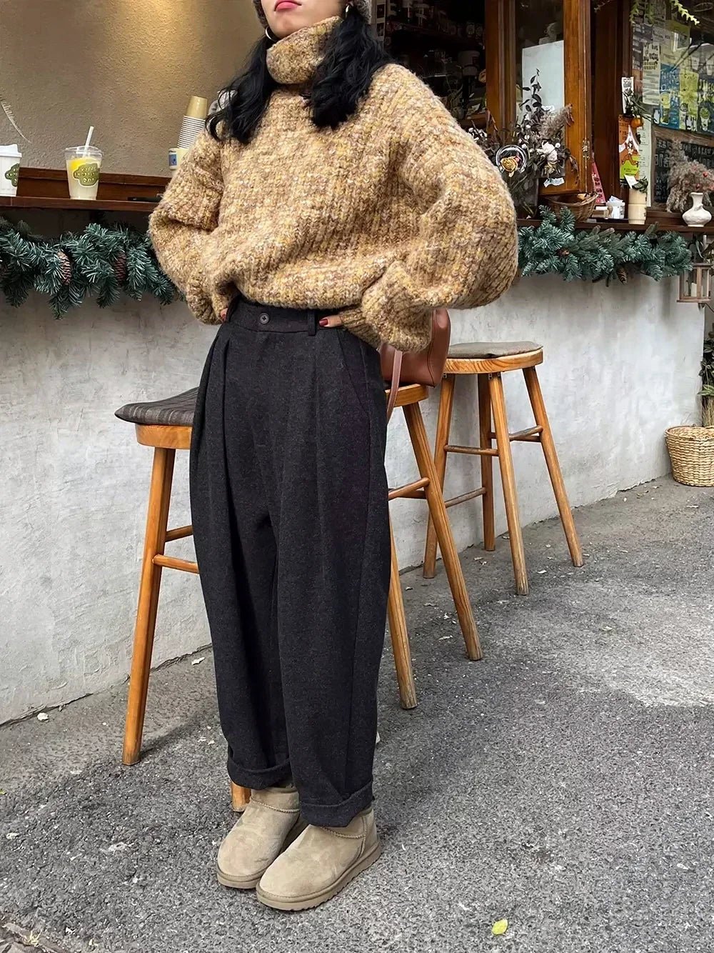Chic Women Casual Loose Pockets Woolen Suit Pants Autumn Winter - Bubble Girl