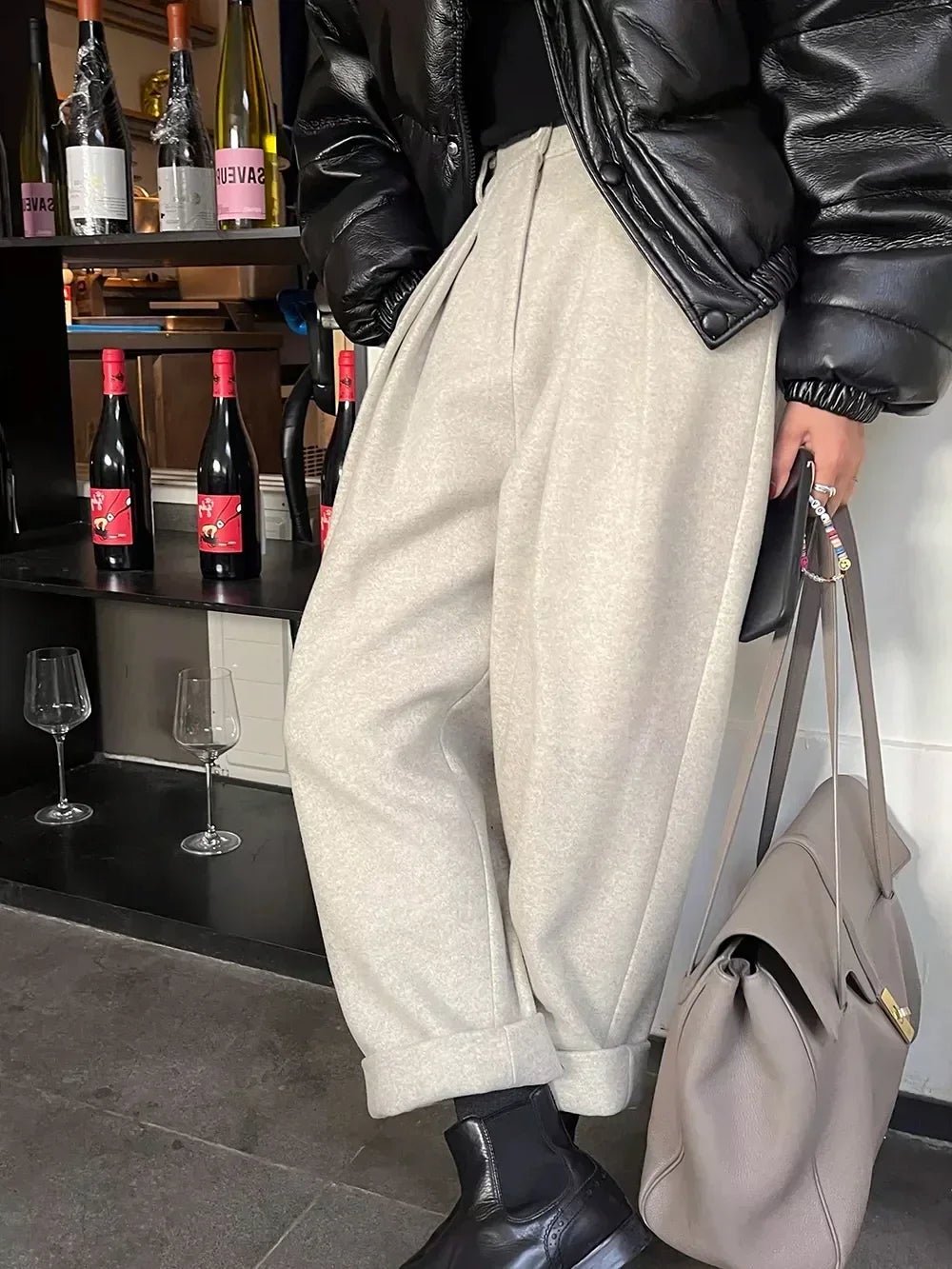 Chic Women Casual Loose Pockets Woolen Suit Pants Autumn Winter - Bubble Girl