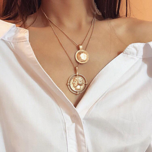 Coin Head Necklace 2 Piece 18K Gold Plated Necklace - Bubble Girl