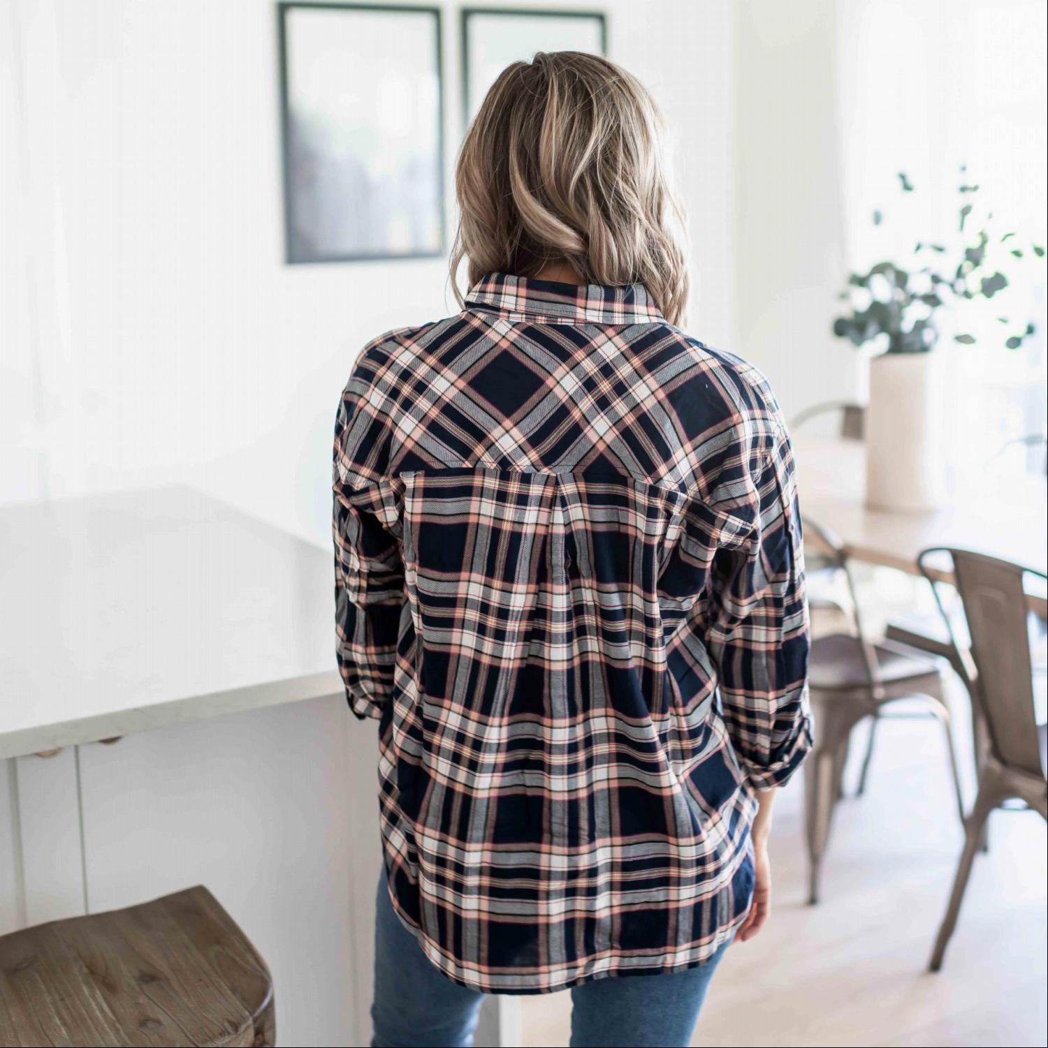Double Pocket Button - Up Plaid Shirt With Roll - Up Long Sleeves - Bubble Girl