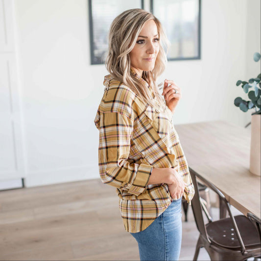 Double Pocket Button - Up Plaid Shirt With Roll - Up Long Sleeves - Bubble Girl