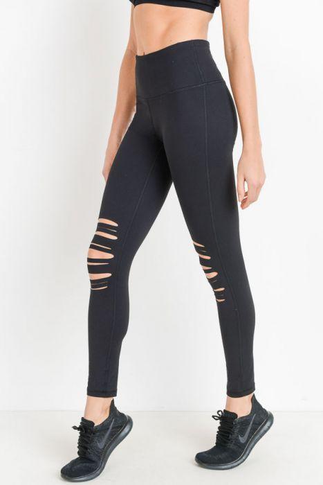 High Waist Laser Cut Ripped Knee Leggings - Bubble Girl