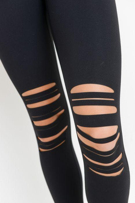 High Waist Laser Cut Ripped Knee Leggings - Bubble Girl