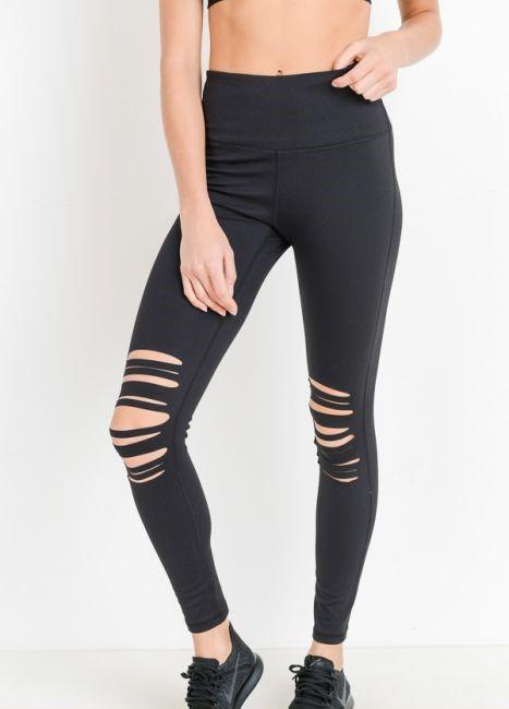 High Waist Laser Cut Ripped Knee Leggings - Bubble Girl