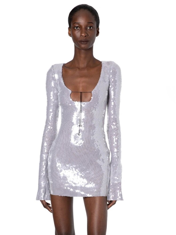 Lace - up Holiday Sequined Party Dress - Bubble Girl