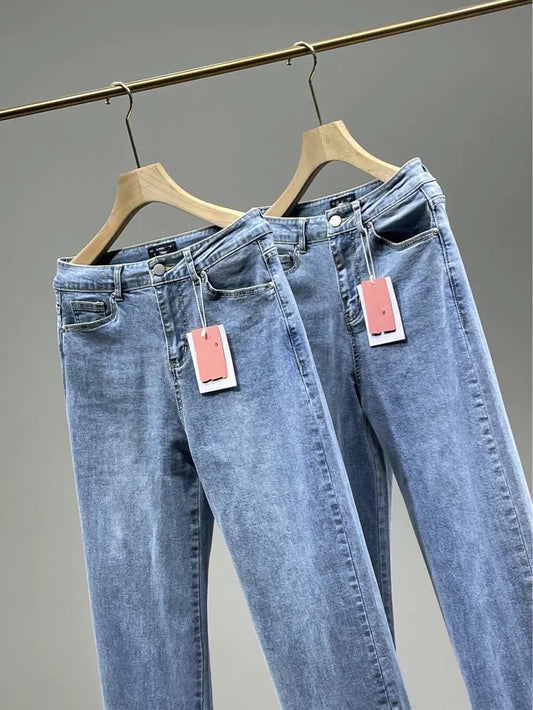 Ladies High Rise Straight Leg Jeans with Side Slit - Bubble Girl