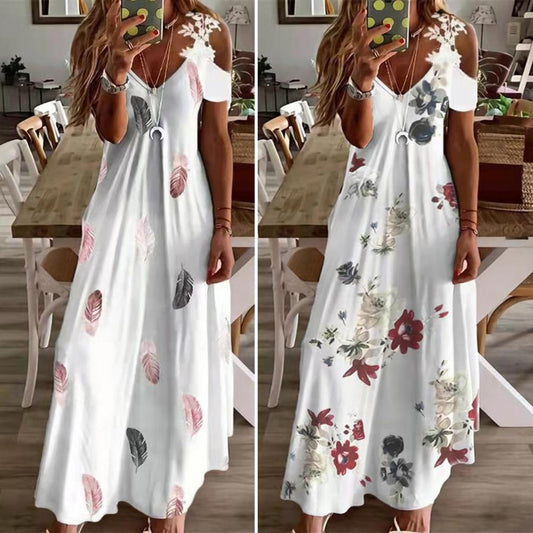 Maxi Dress For Women Feather Printed Lace Sling Ladies Loose - Fitting - Bubble Girl