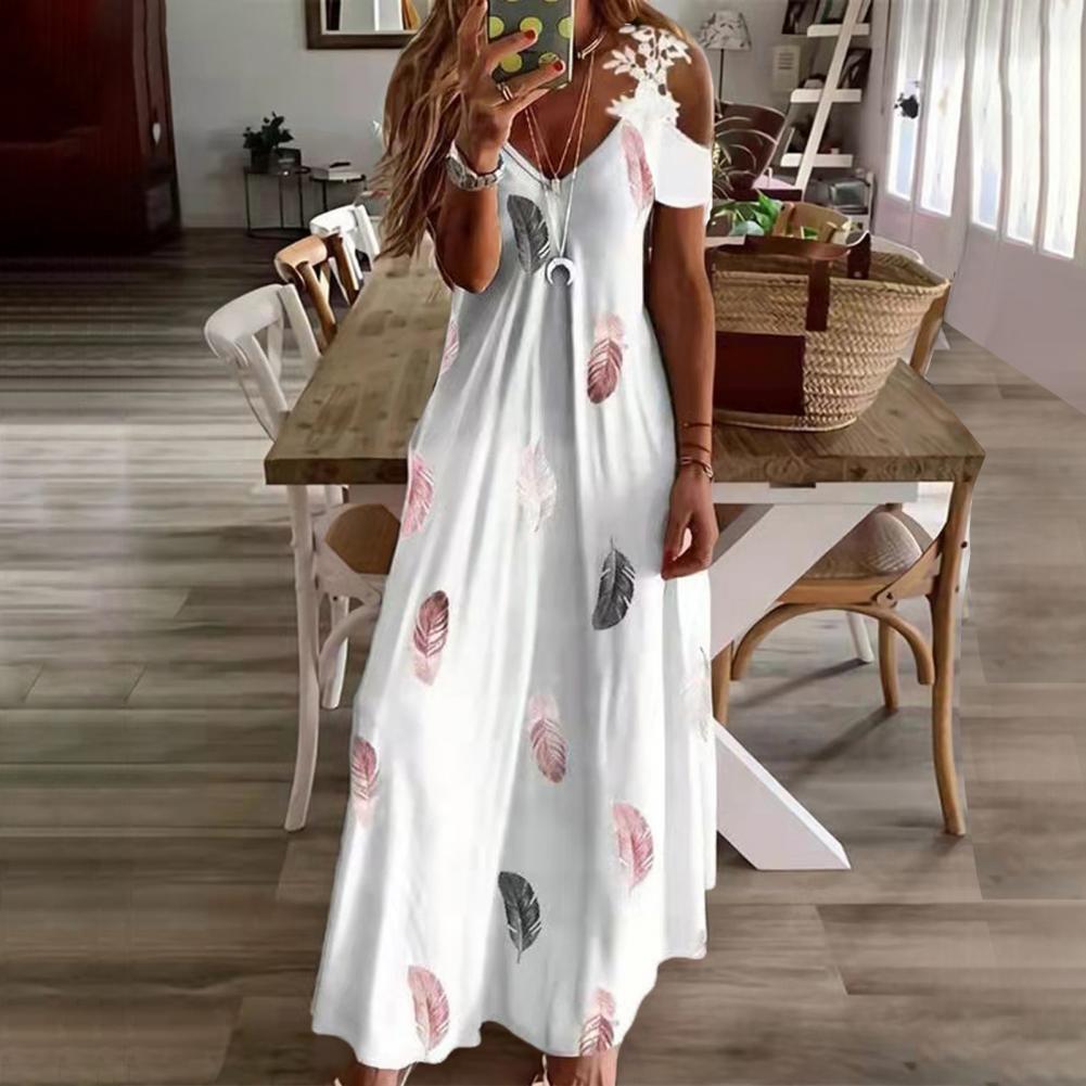 Maxi Dress For Women Feather Printed Lace Sling Ladies Loose - Fitting - Bubble Girl