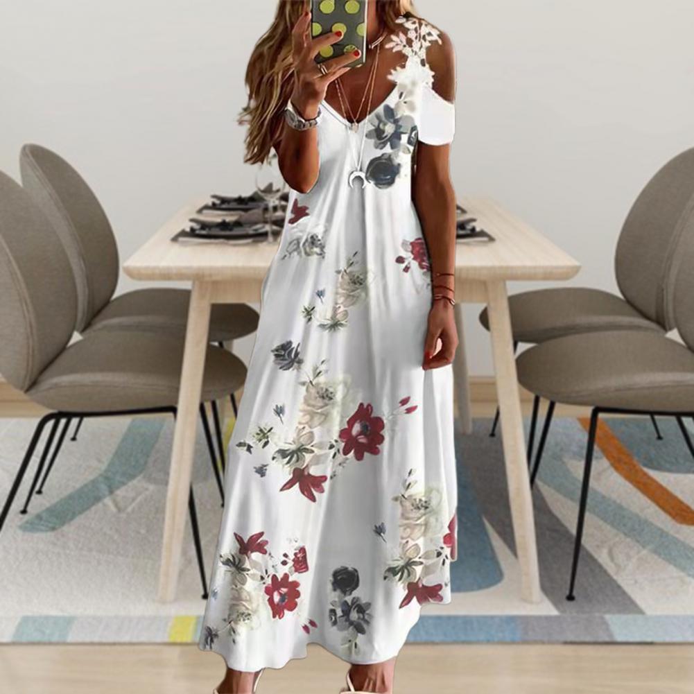 Maxi Dress For Women Feather Printed Lace Sling Ladies Loose - Fitting - Bubble Girl