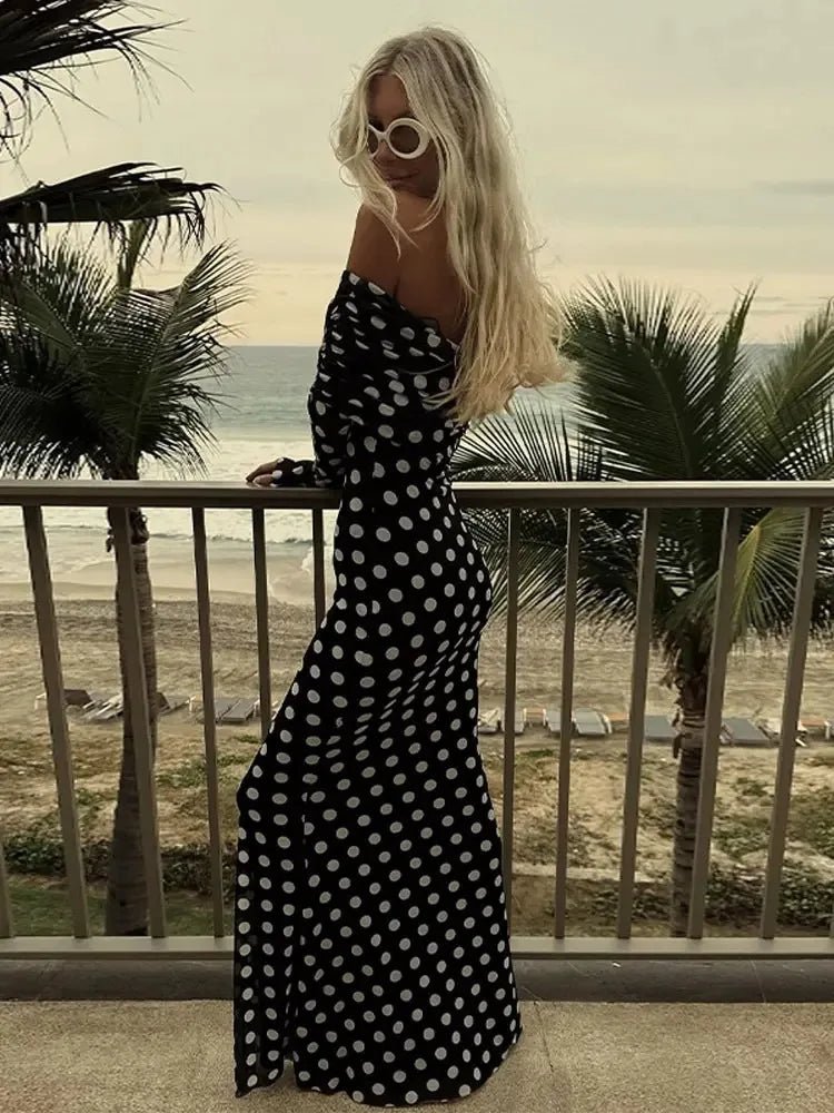 Polka Dots Print Dress Off Shoulder Maxi Dress - Bubble Girl