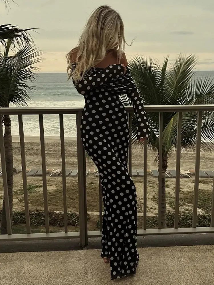 Polka Dots Print Dress Off Shoulder Maxi Dress - Bubble Girl
