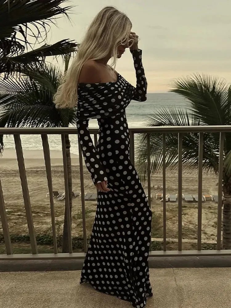 Polka Dots Print Dress Off Shoulder Maxi Dress - Bubble Girl