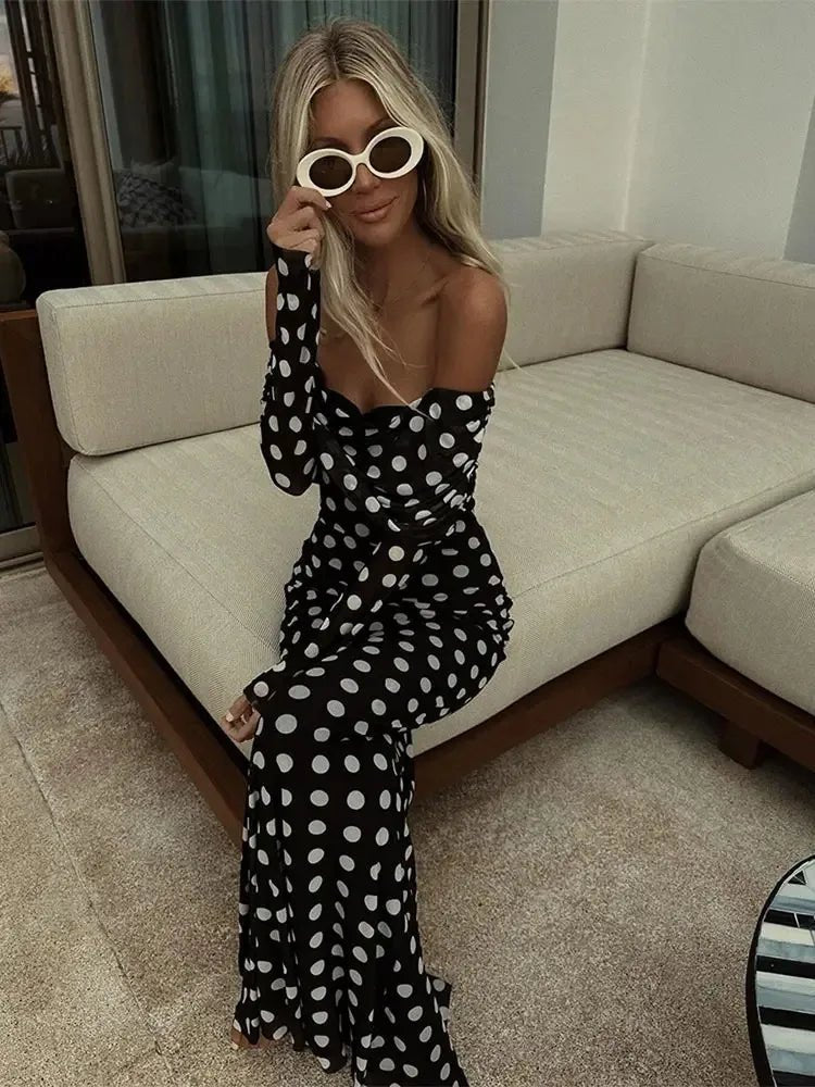 Polka Dots Print Dress Off Shoulder Maxi Dress - Bubble Girl