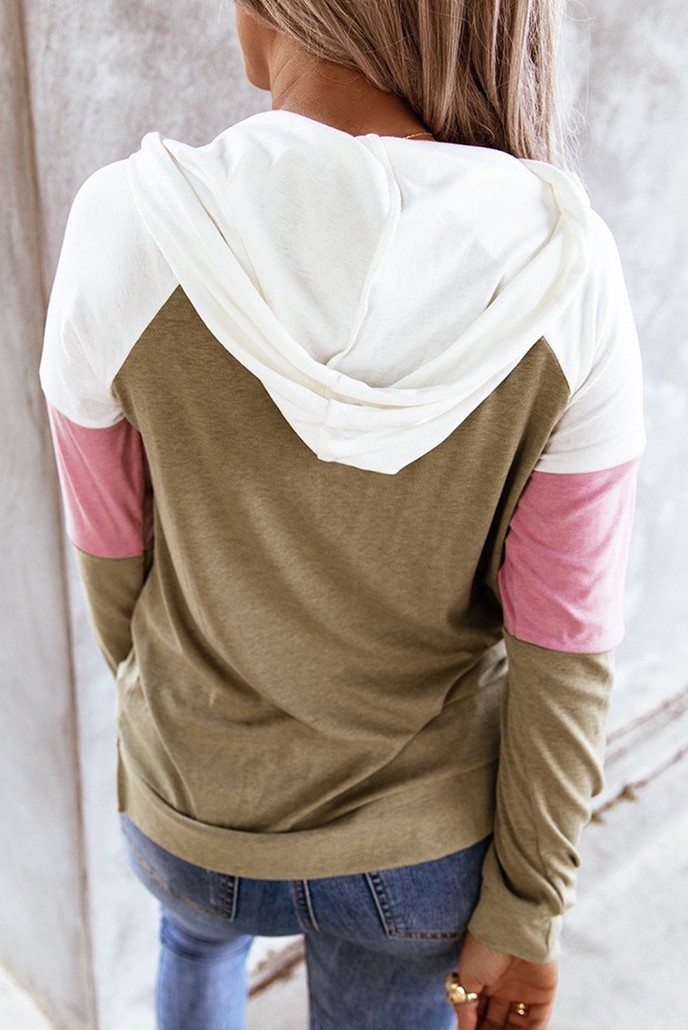 Spliced Sleeve Khaki Hoodie with Pocket - Bubble Girl