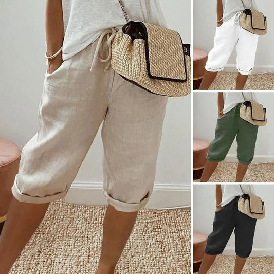 Women Cotton Linen Shorts Vintage Loose Wide Leg Trousers Drawstring - Bubble Girl