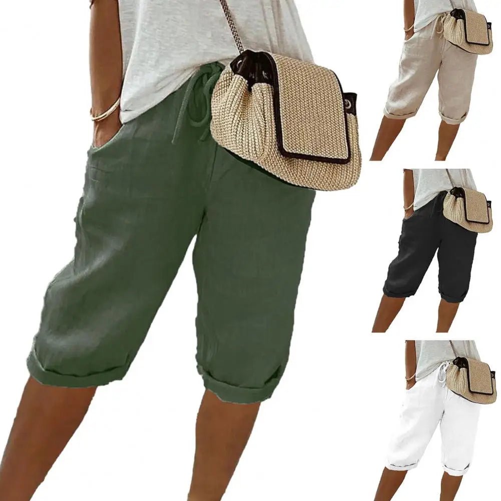 Women Cotton Linen Shorts Vintage Loose Wide Leg Trousers Drawstring - Bubble Girl