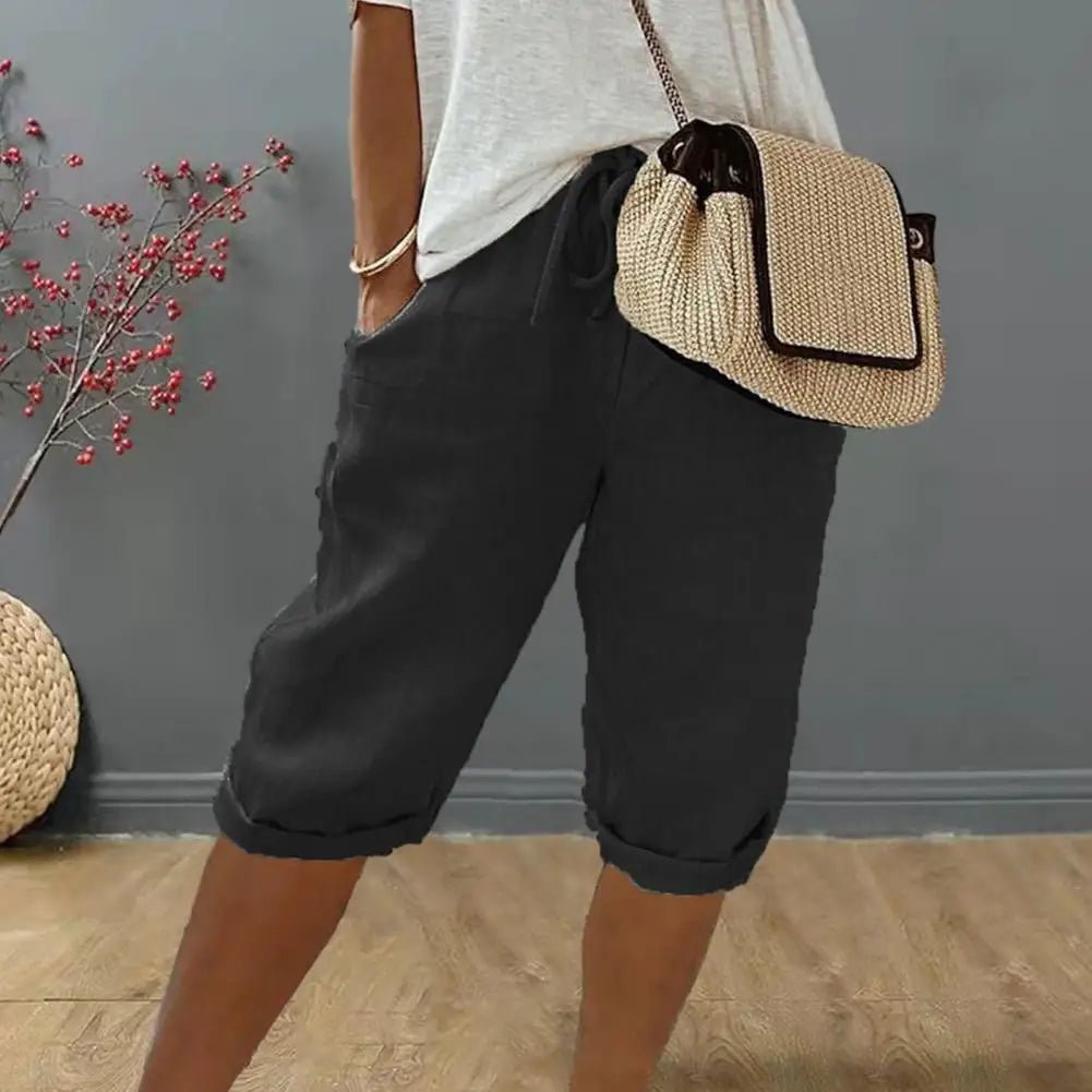 Women Cotton Linen Shorts Vintage Loose Wide Leg Trousers Drawstring - Bubble Girl