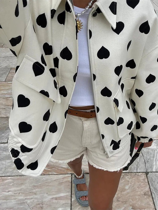 Women’s Black Polka Hearts Bomber Jacket Fashion Long Sleeve - Bubble Girl