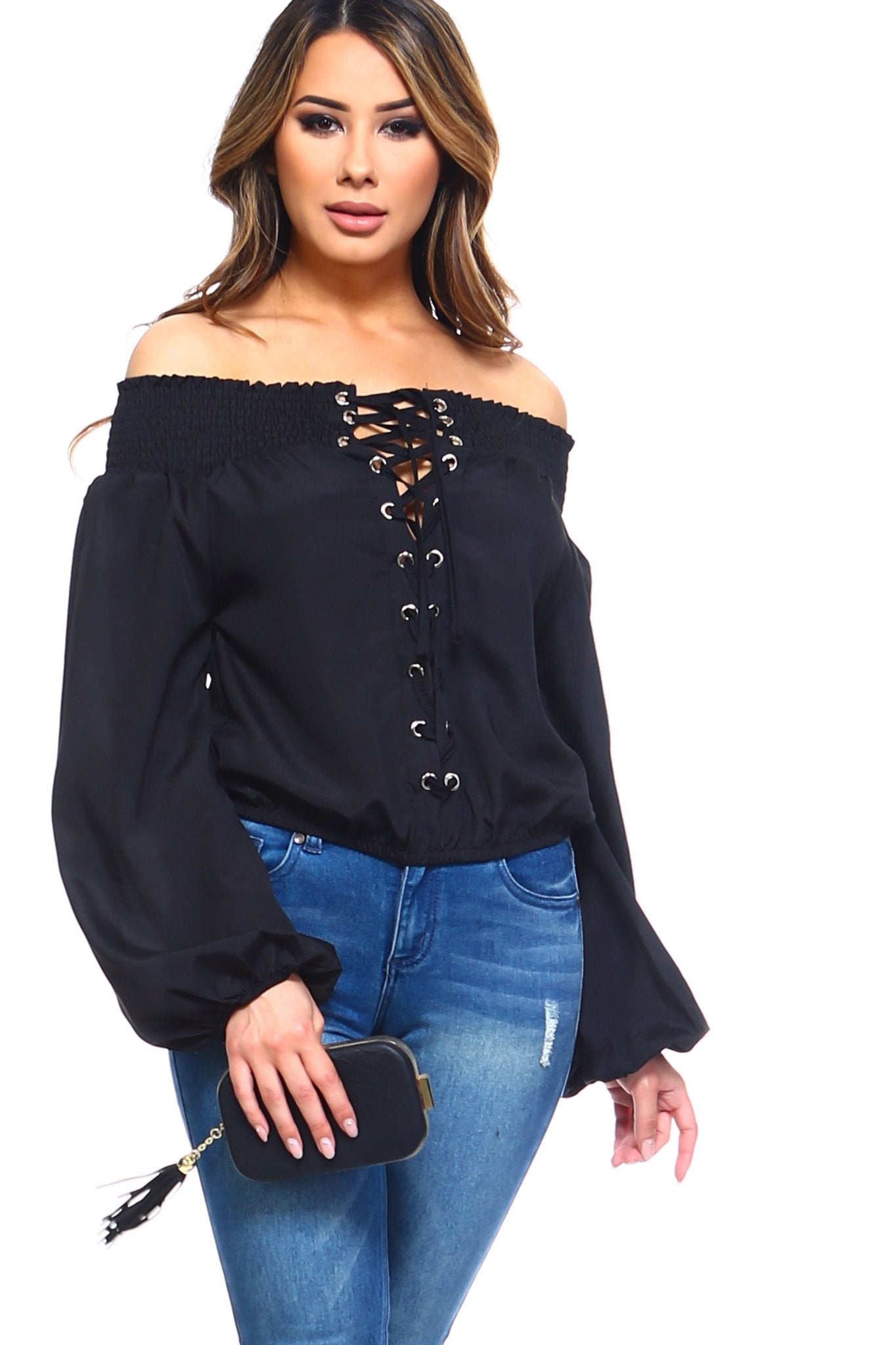 Women's Lace - Up Off Shoulder Elastic Blouse - Bubble Girl