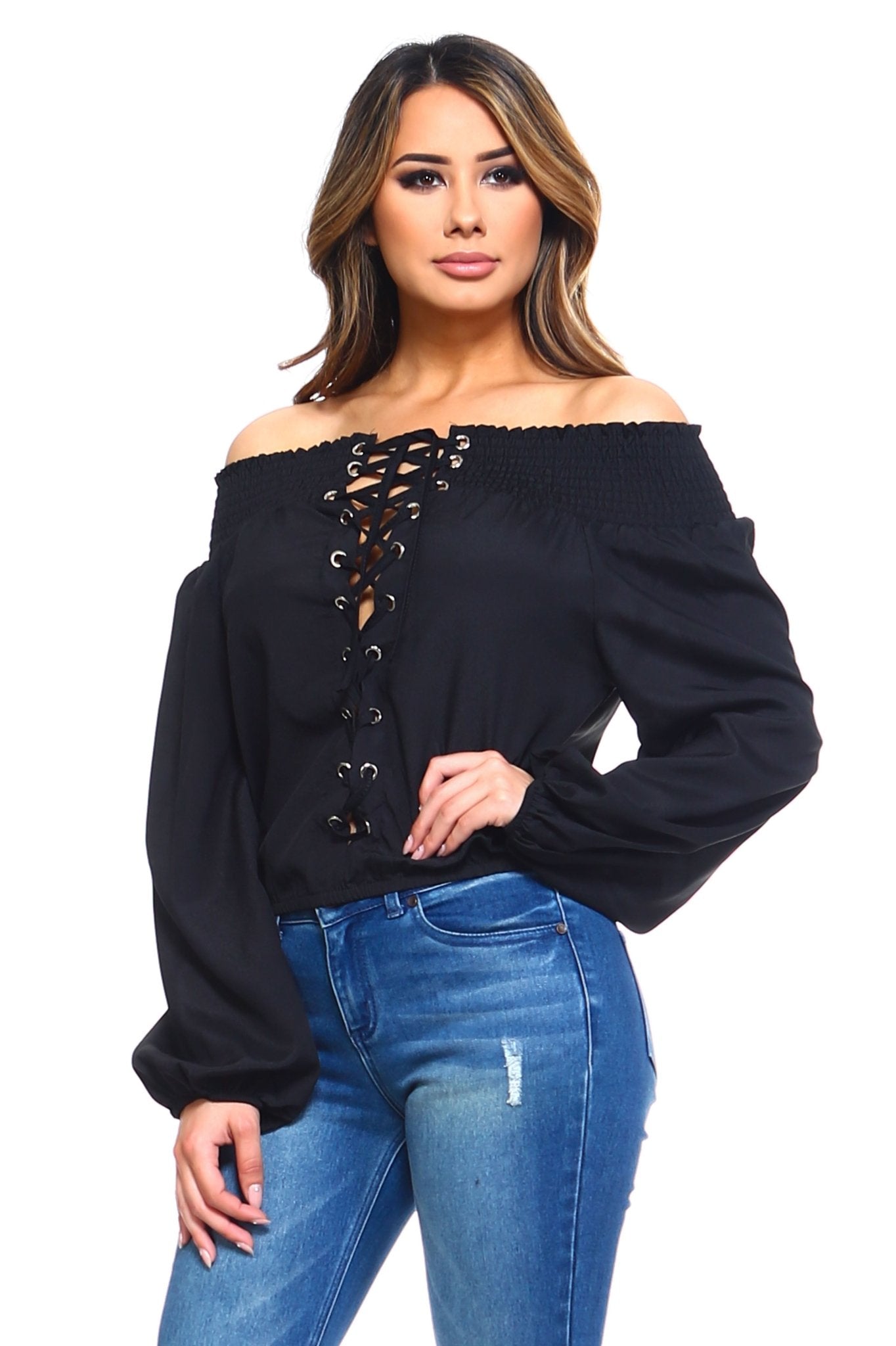 Women's Lace - Up Off Shoulder Elastic Blouse - Bubble Girl