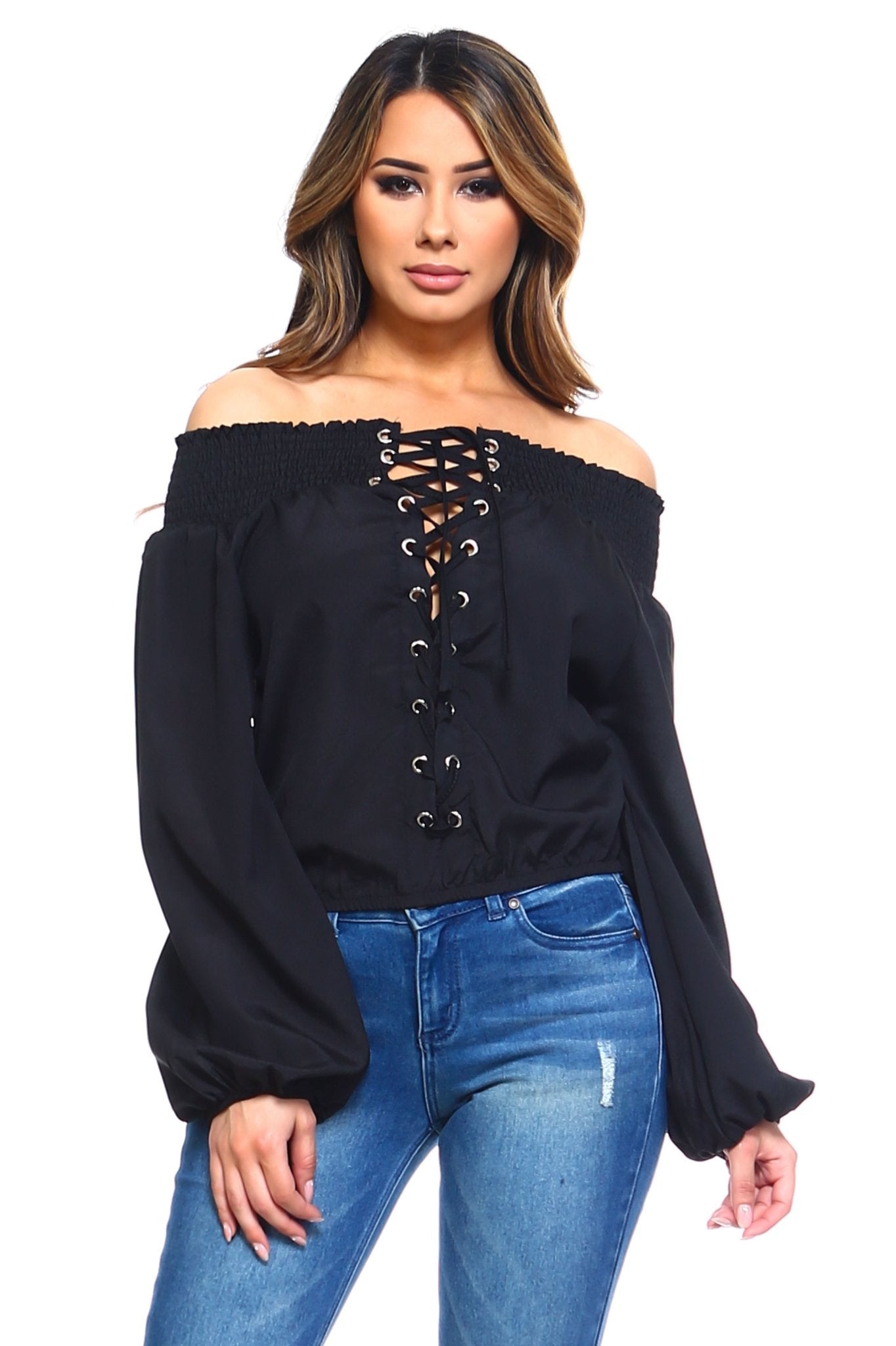 Women's Lace - Up Off Shoulder Elastic Blouse - Bubble Girl