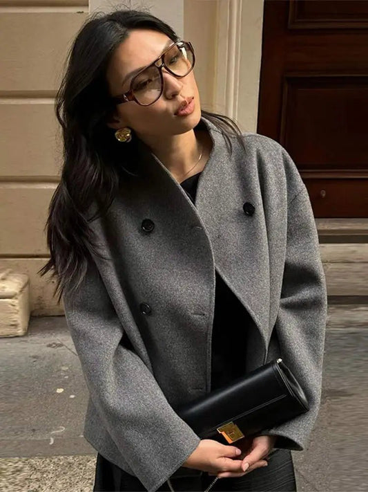 Women's Woolen Coat Loose Casual Retro Double Breasted Stand Collar - Bubble Girl